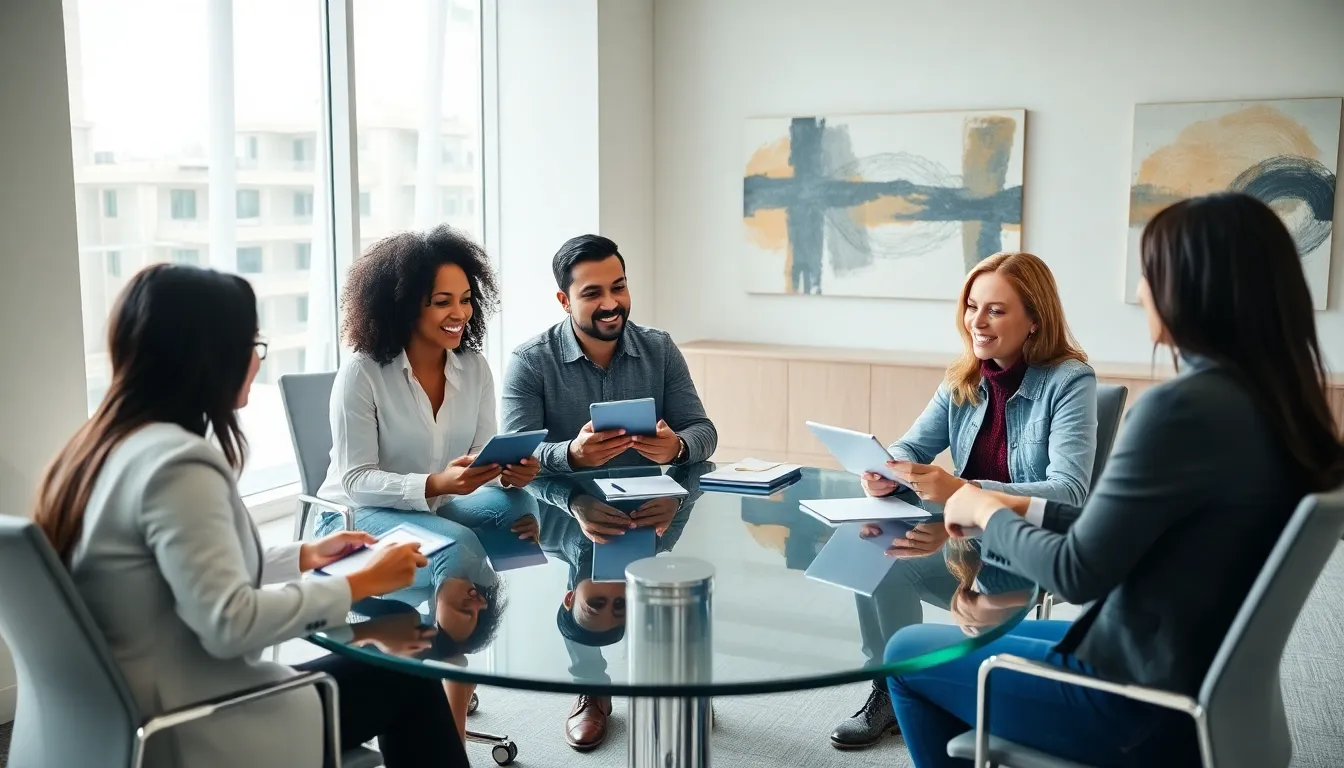 diverse professionals collaborating in a modern office.