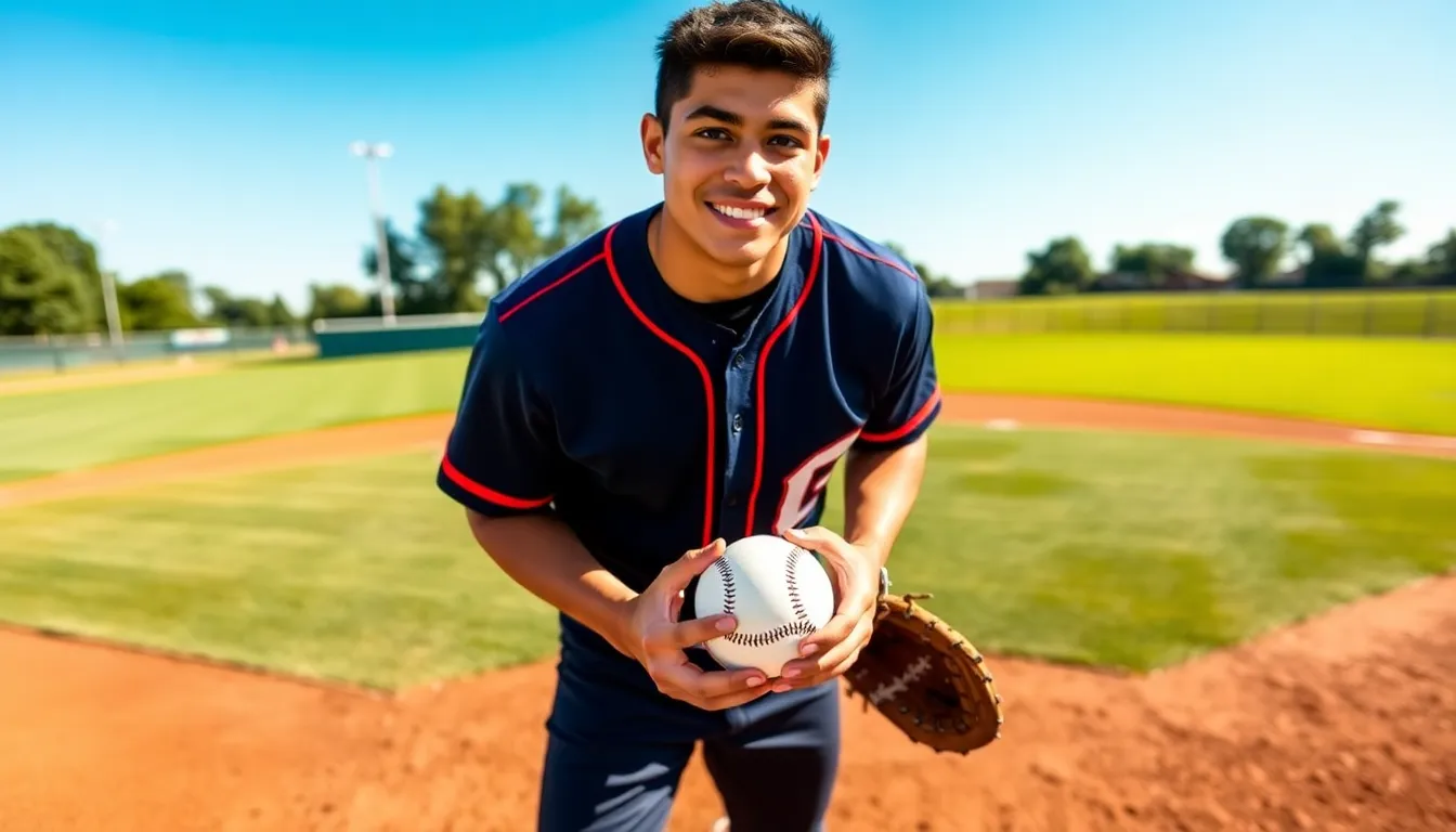 Neldanos Kimsel, a young athlete, stands ready on a baseball field.