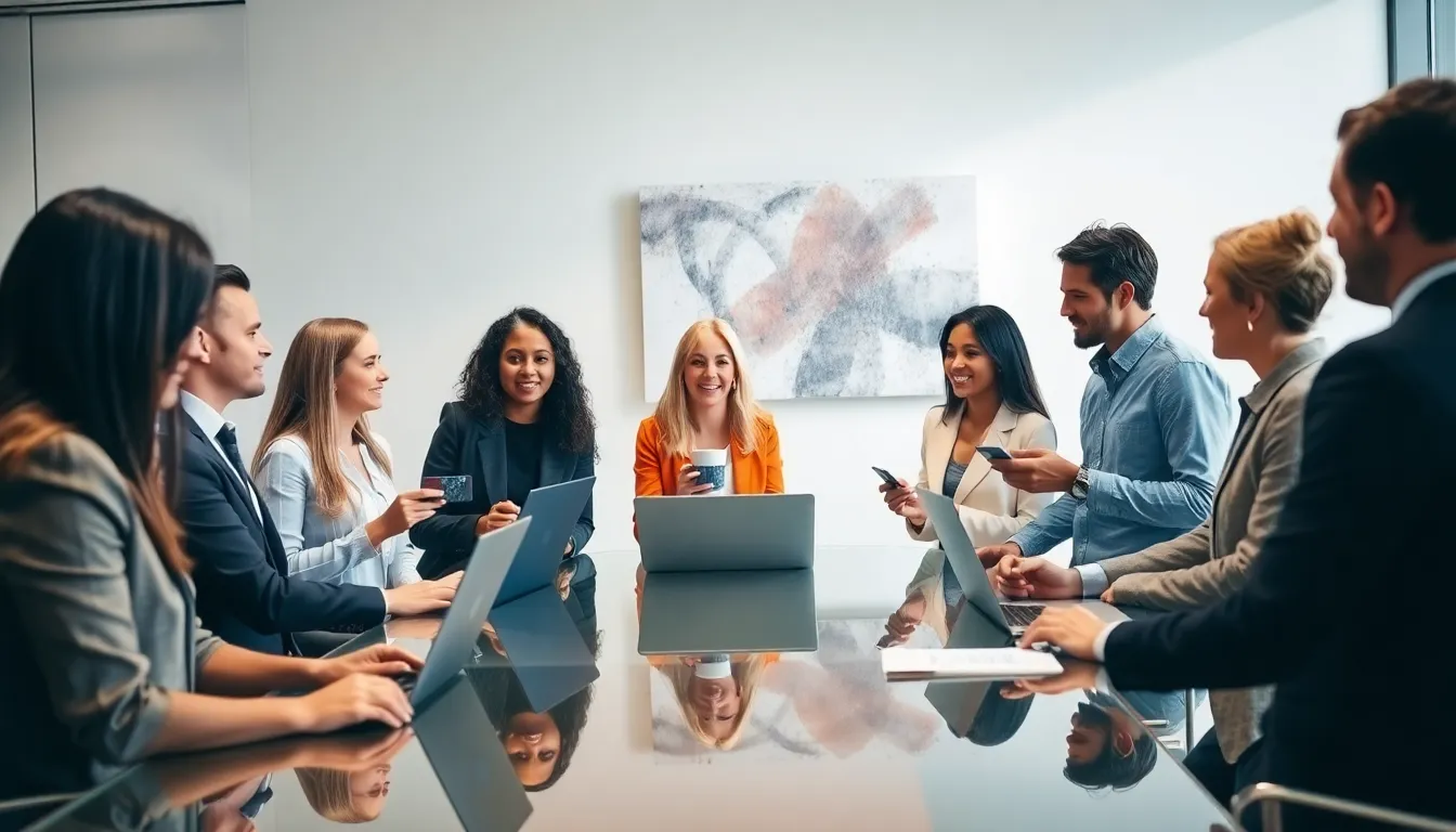 professionals networking and collaborating in a modern office.