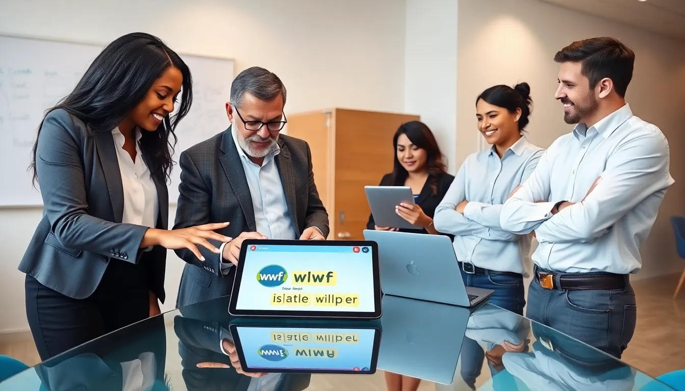 professionals discussing a word game strategy with a digital tablet.