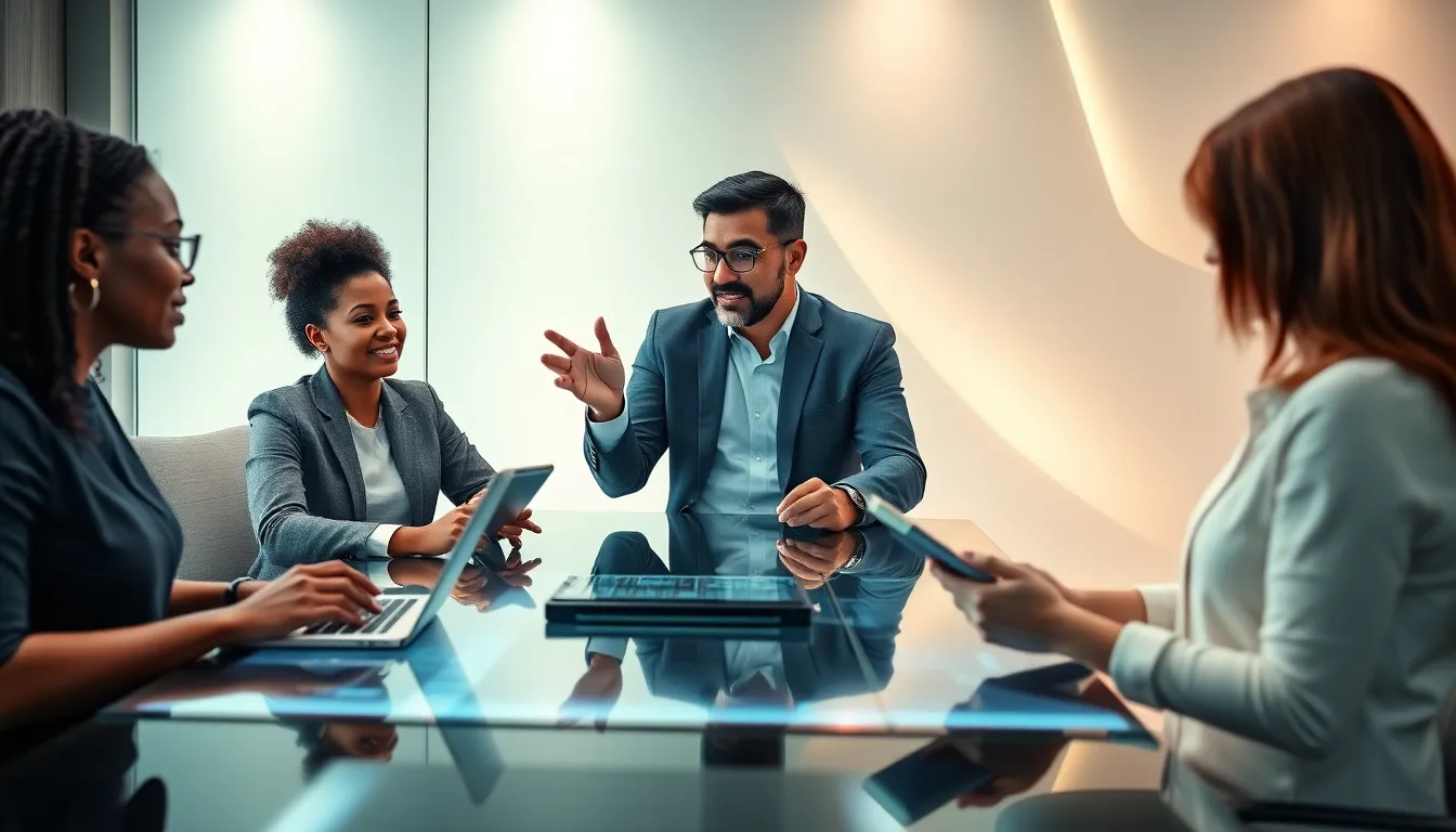 diverse team collaborating on digital applications in a modern office.