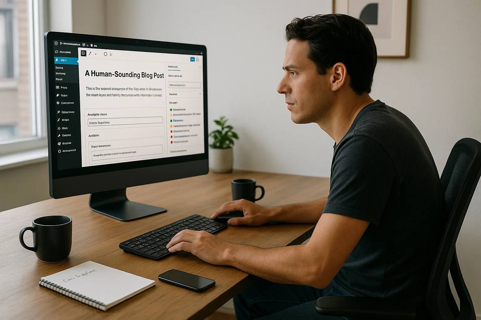 Writer using Yoast SEO checker on a computer, reviewing green, orange, and red bullets.