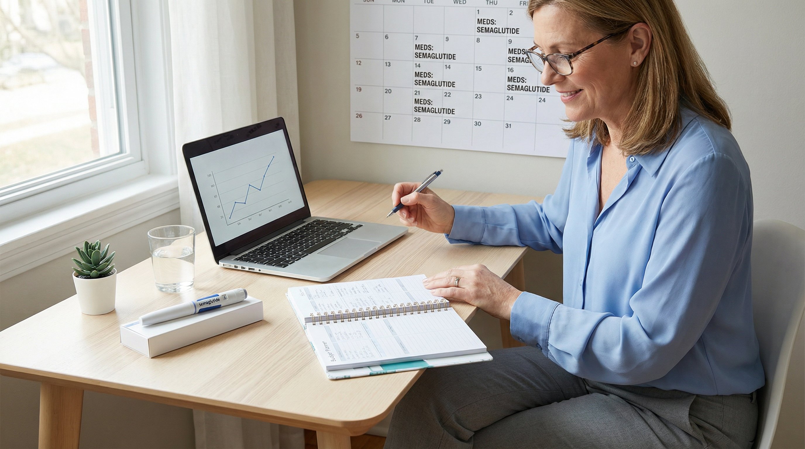 Person budgeting for long-term semaglutide treatment costs at a modern desk.