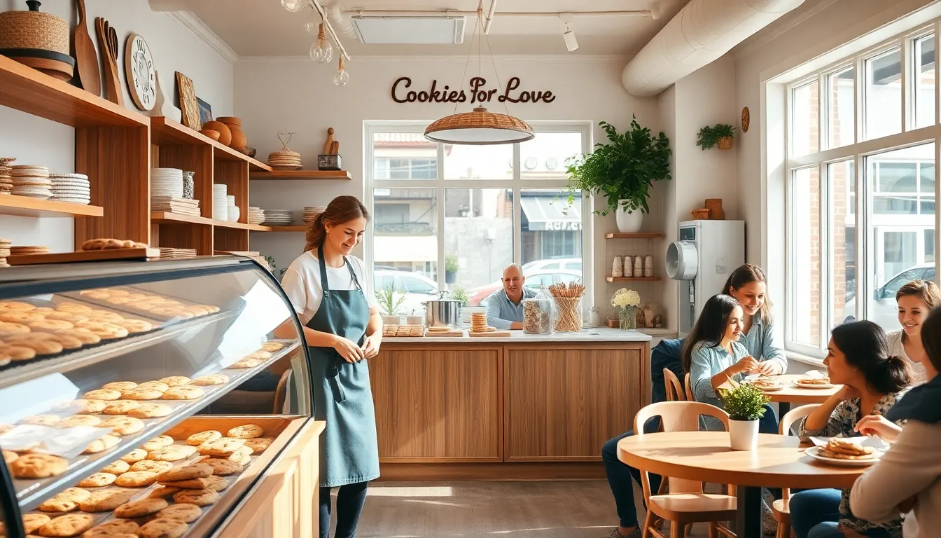 bakers in a cozy bakery with freshly baked cookies on display.