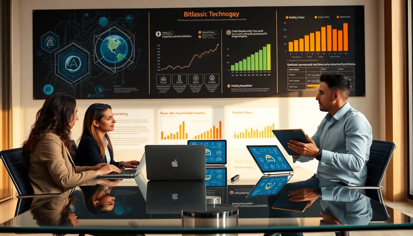 diverse team discussing blockchain technology in a modern office.
