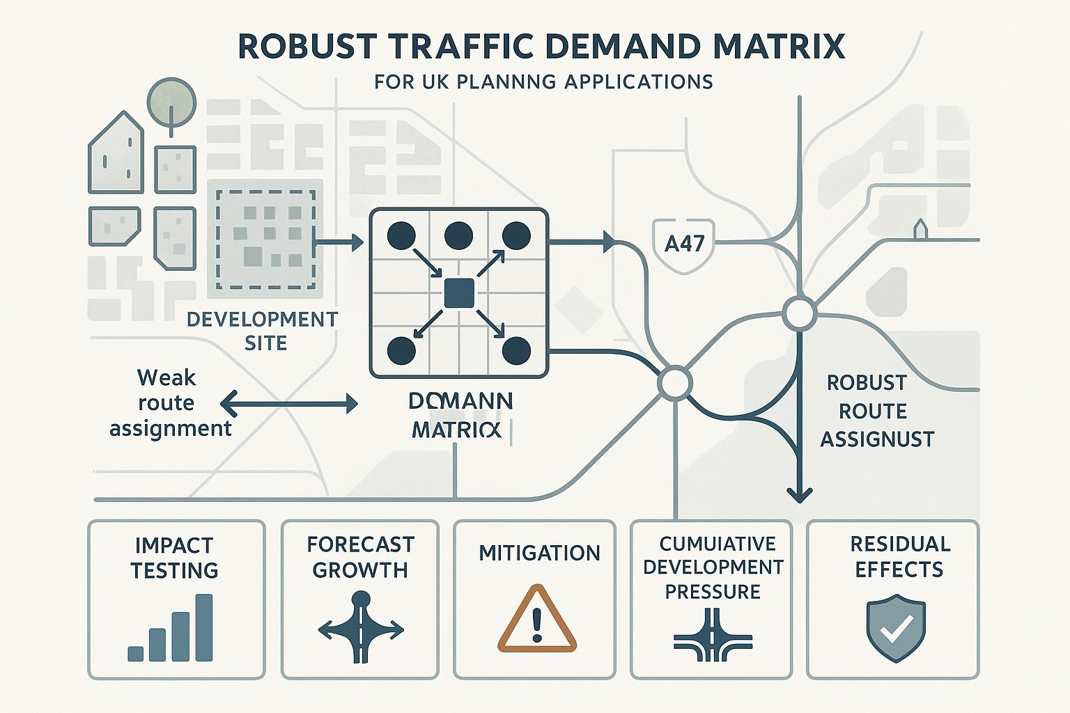 Infographic showing a robust traffic matrix guiding UK planning and junction assessment.