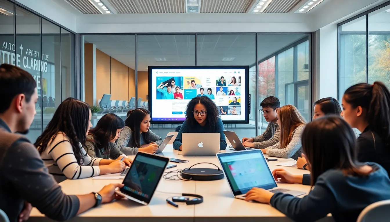 students using digital tools in a modern classroom setting.