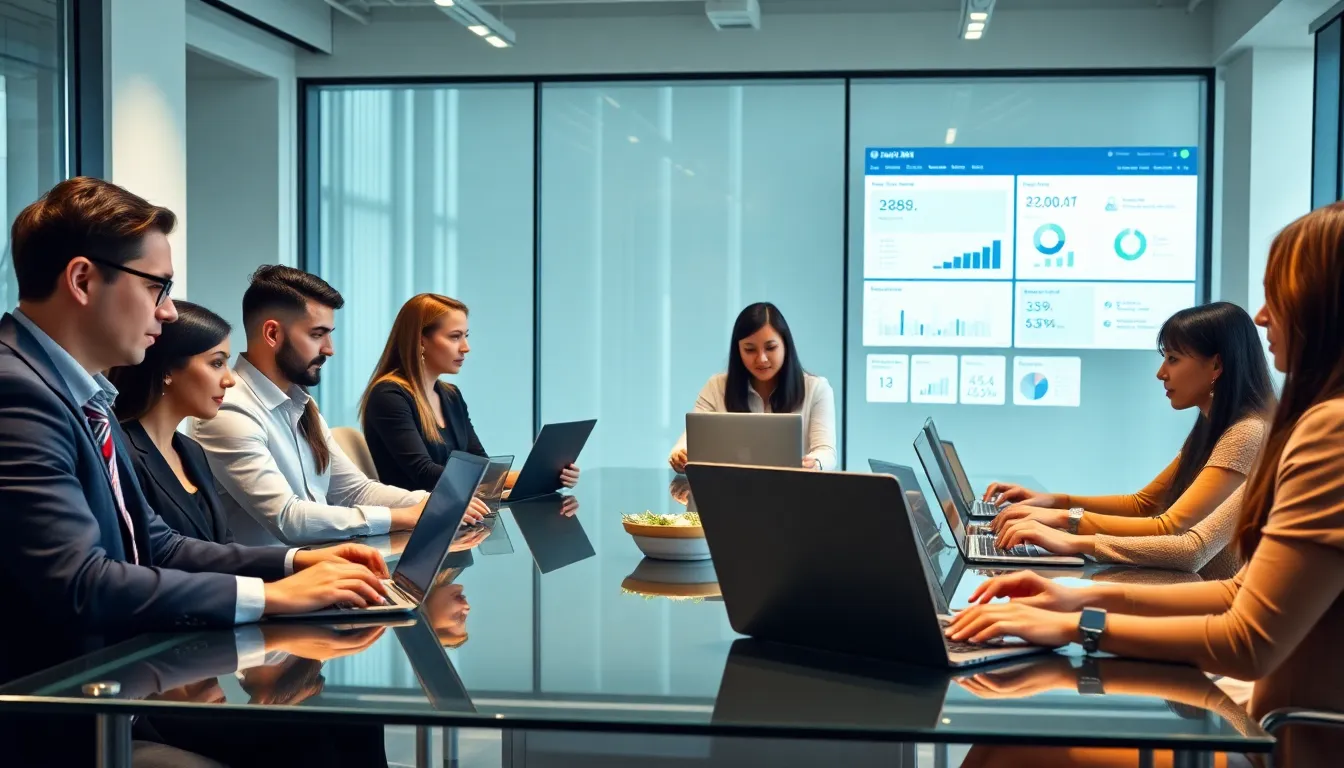 diverse professionals collaborating with Hlzuine28.6 software in a modern office.