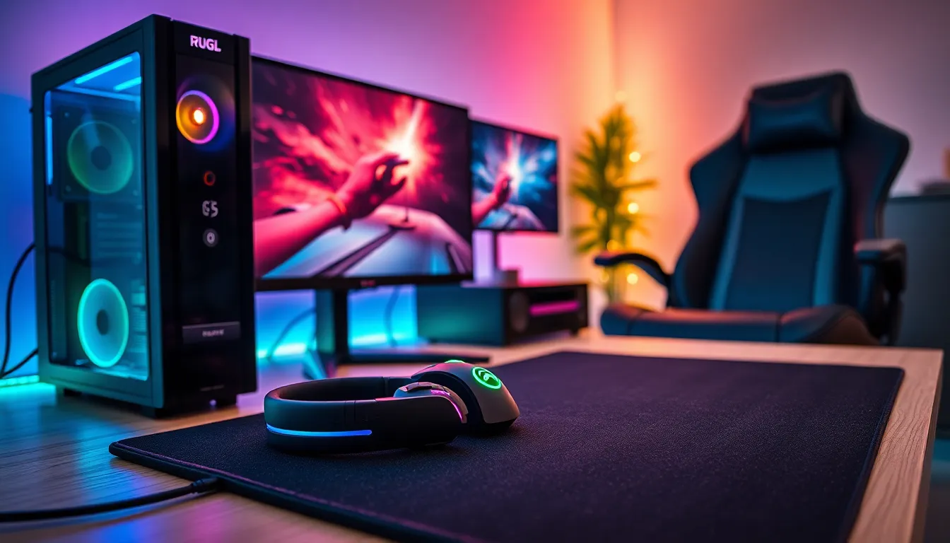 modern gaming setup with high-performance gear and immersive lighting.