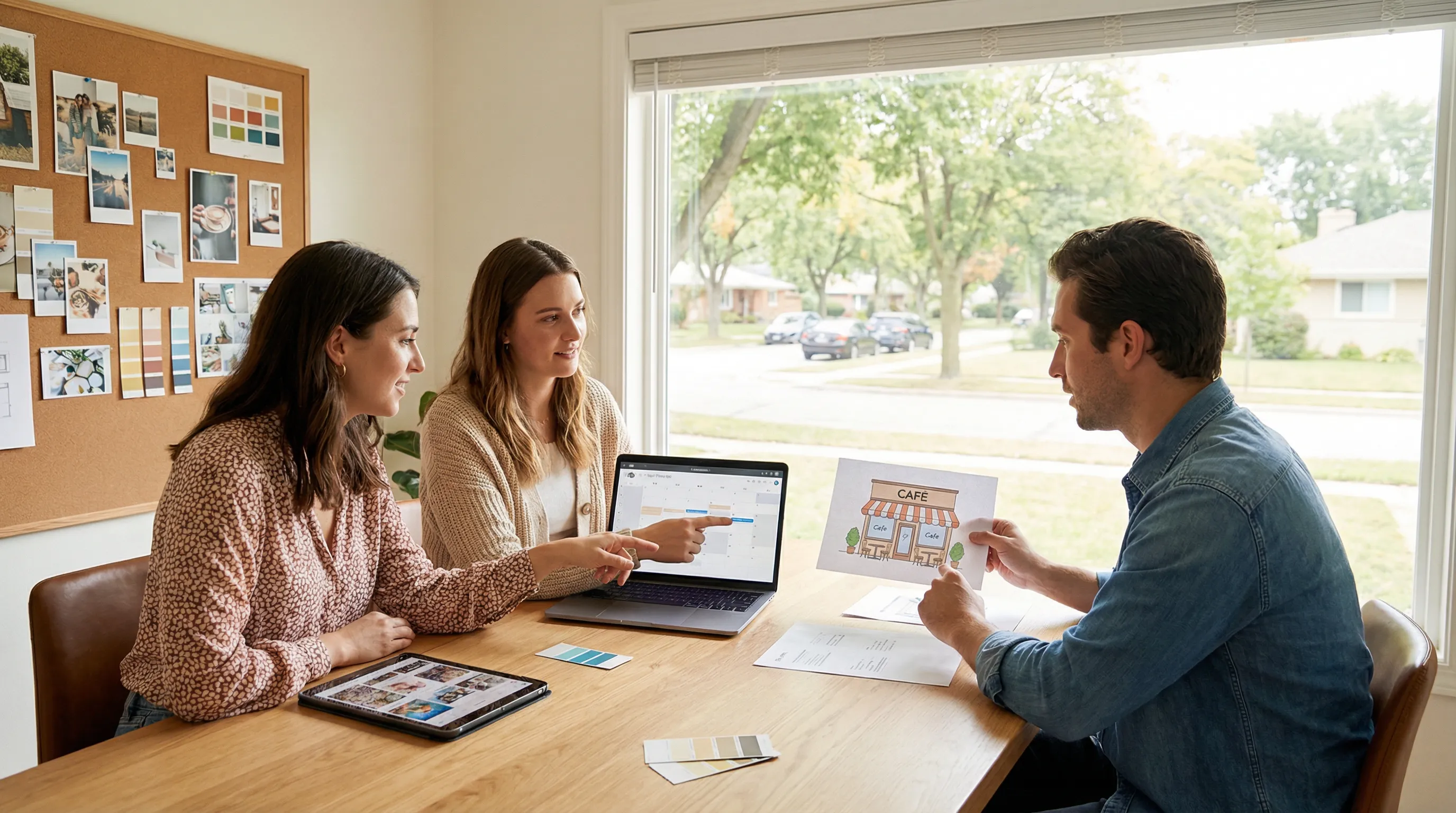 Team in a modern, naturally lit office collaborating on social media content and calendars for local businesses near a suburban street.