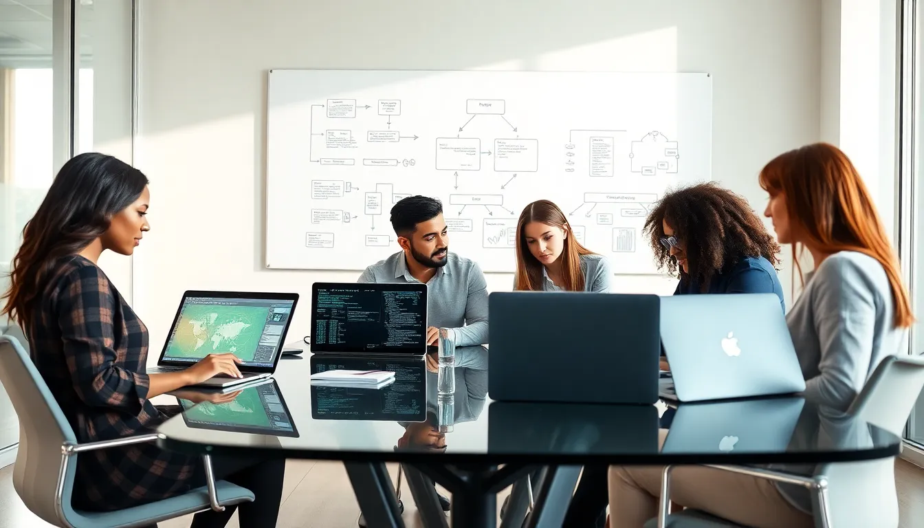 diverse IT professionals collaborating on cybersecurity solutions in a modern office.