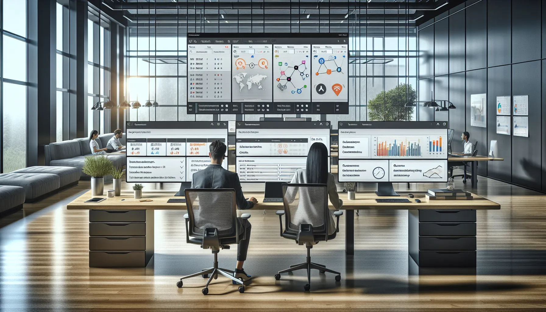 Professionals using Tableau to schedule and email automated reports from a modern office.