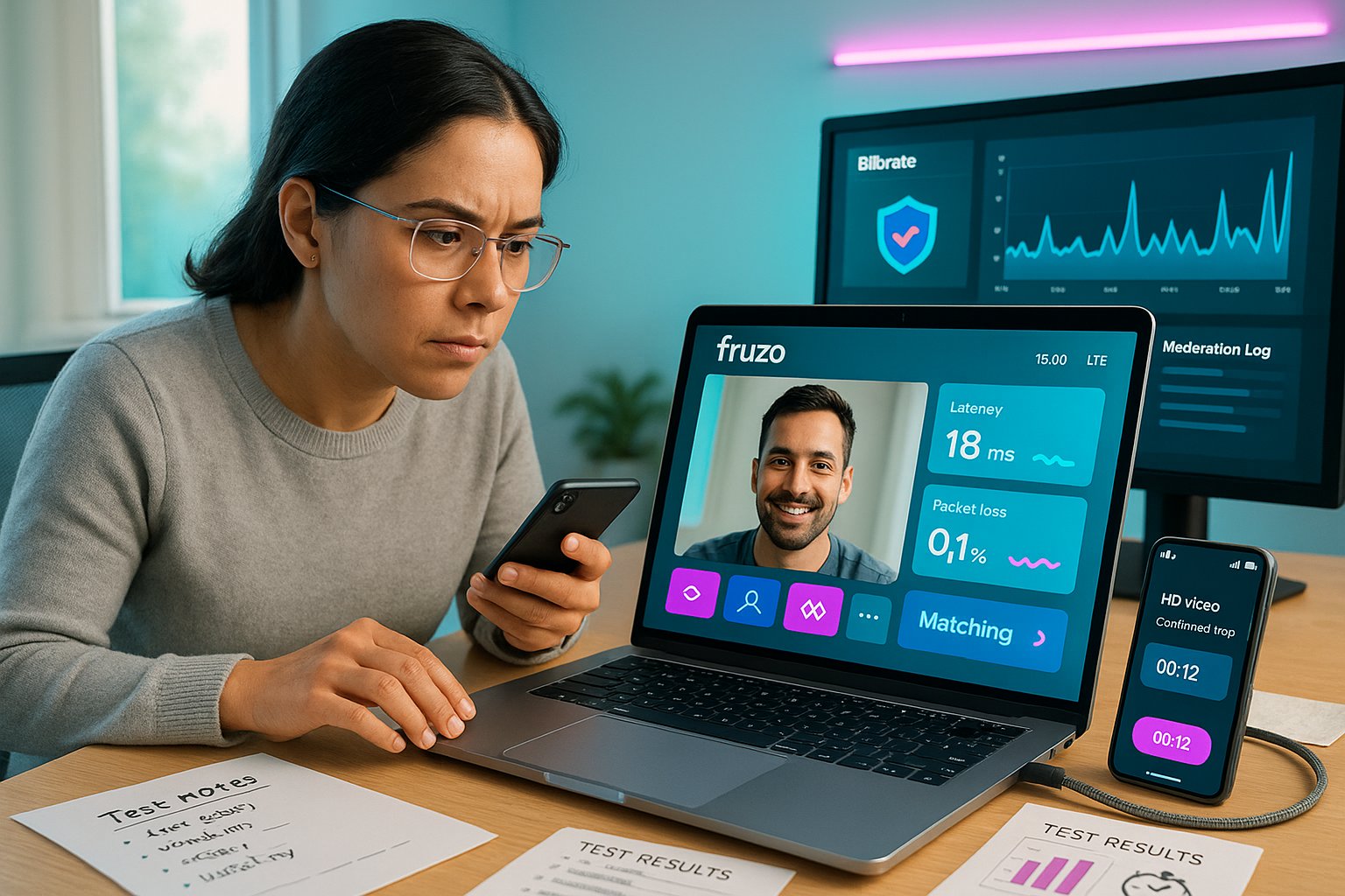 A reviewer testing fruzo on laptop and phone, with branded UI and analytics visible.