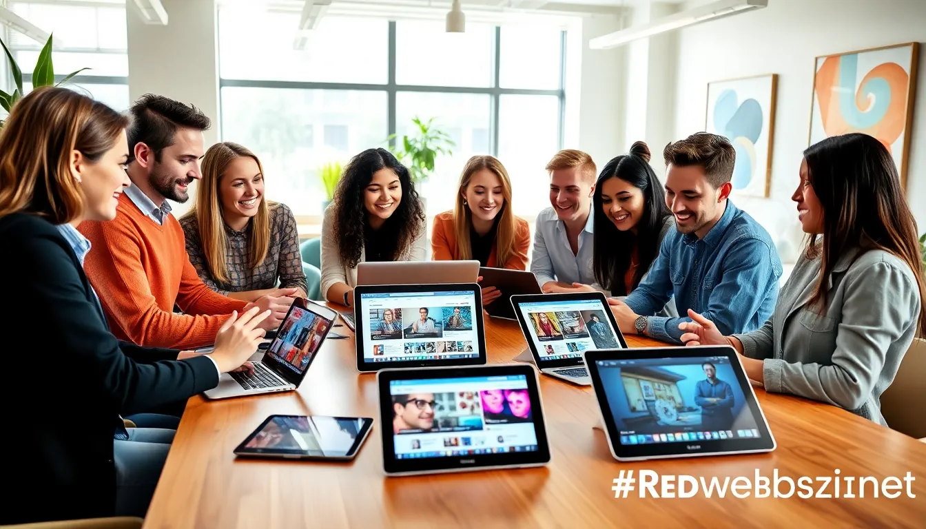 diverse team collaborating at a modern workspace focused on social media.