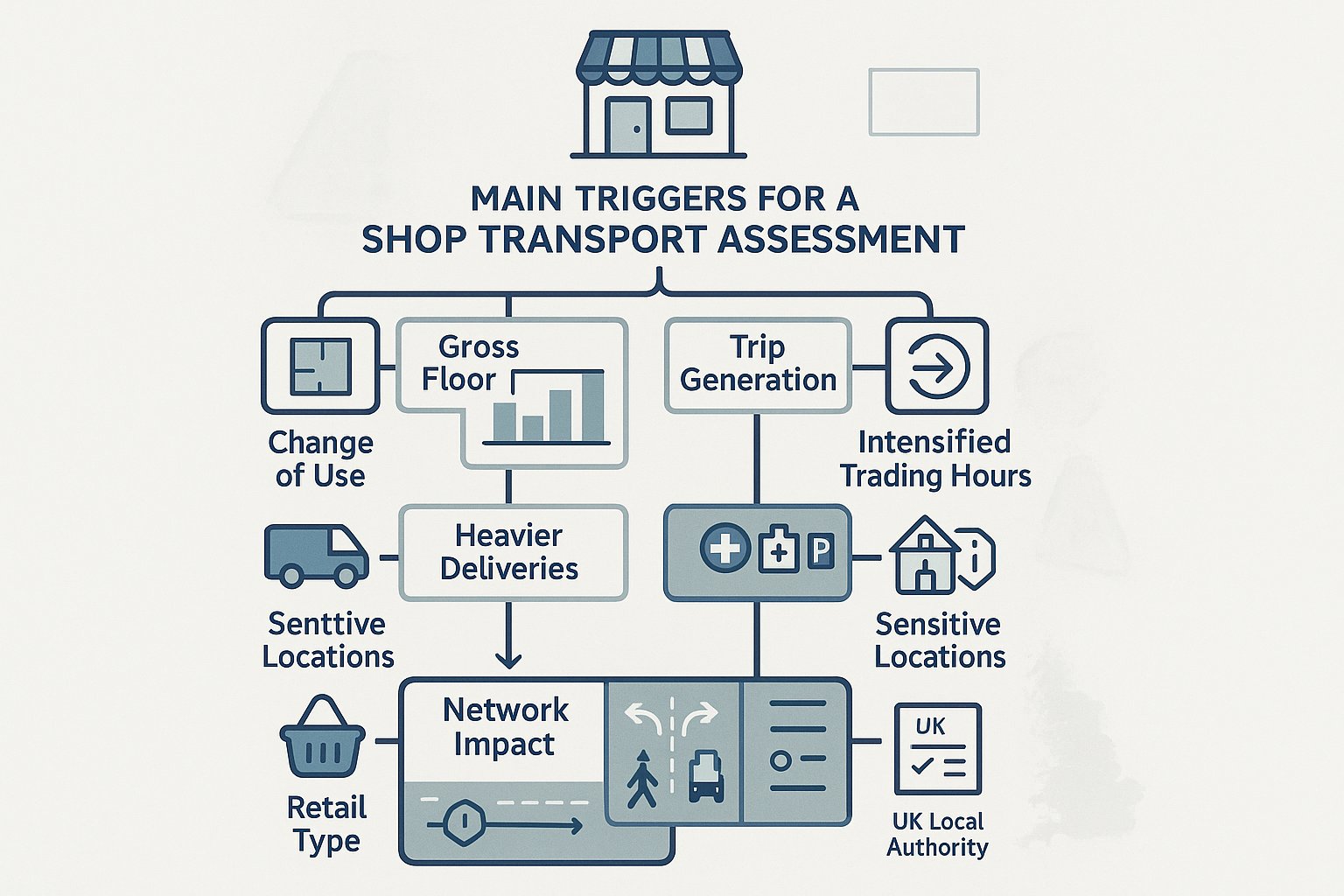 Infographic of key triggers for a shop transport assessment in the UK.