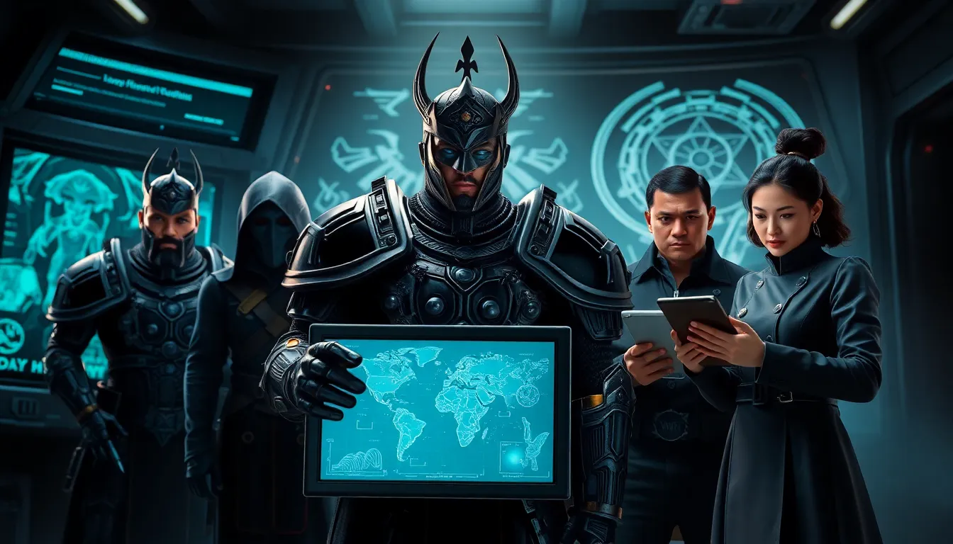 Warhammer Daemonhunters in a command center, preparing for battle.