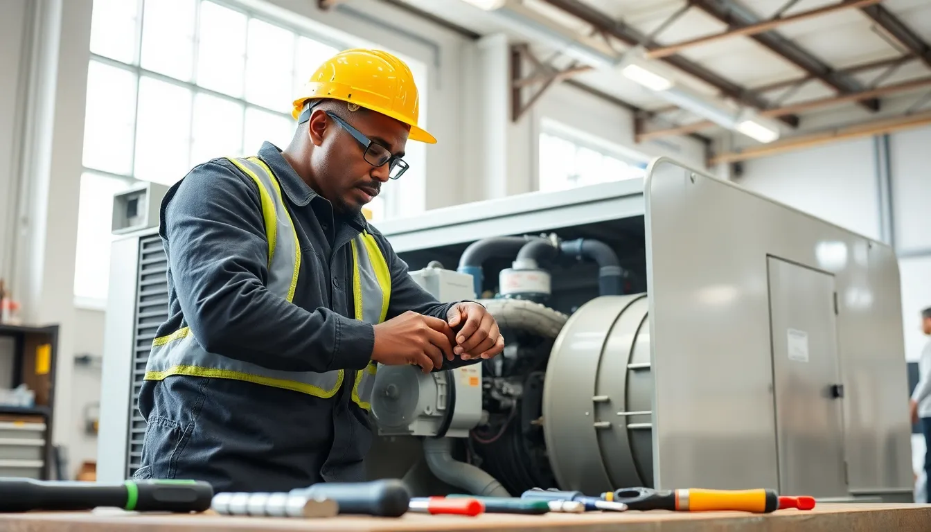 technician performing generator maintenance in a bright workshop.