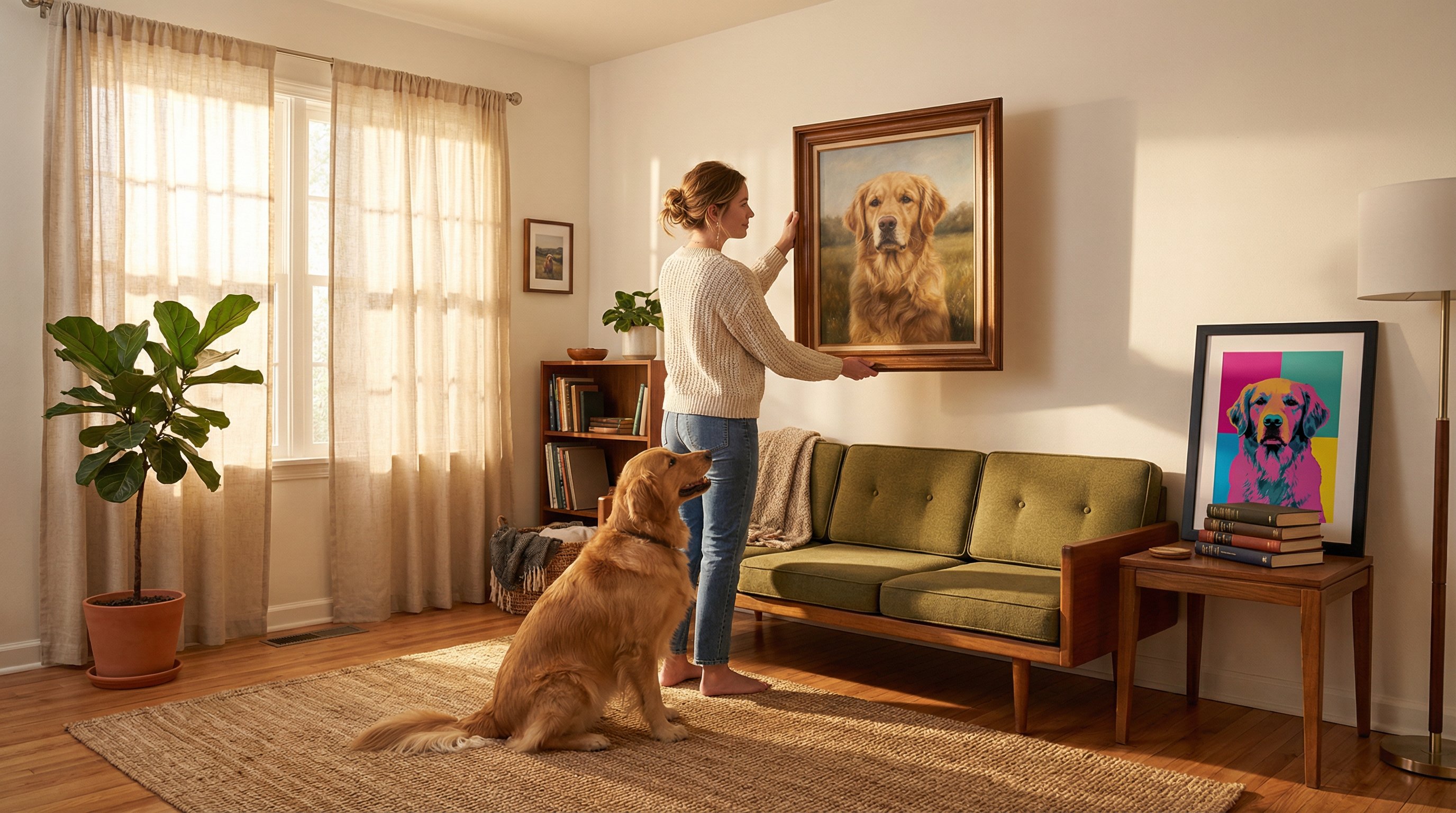 Woman comparing two custom pet portrait styles beside her golden retriever at home.