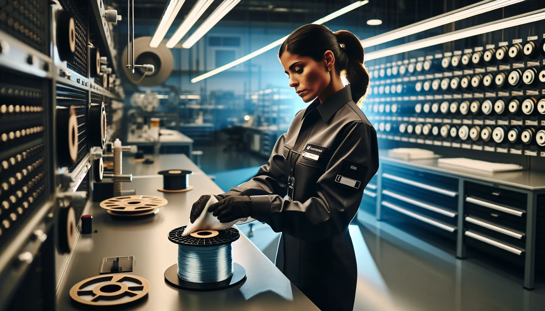technician maintaining a spool in a modern workshop.