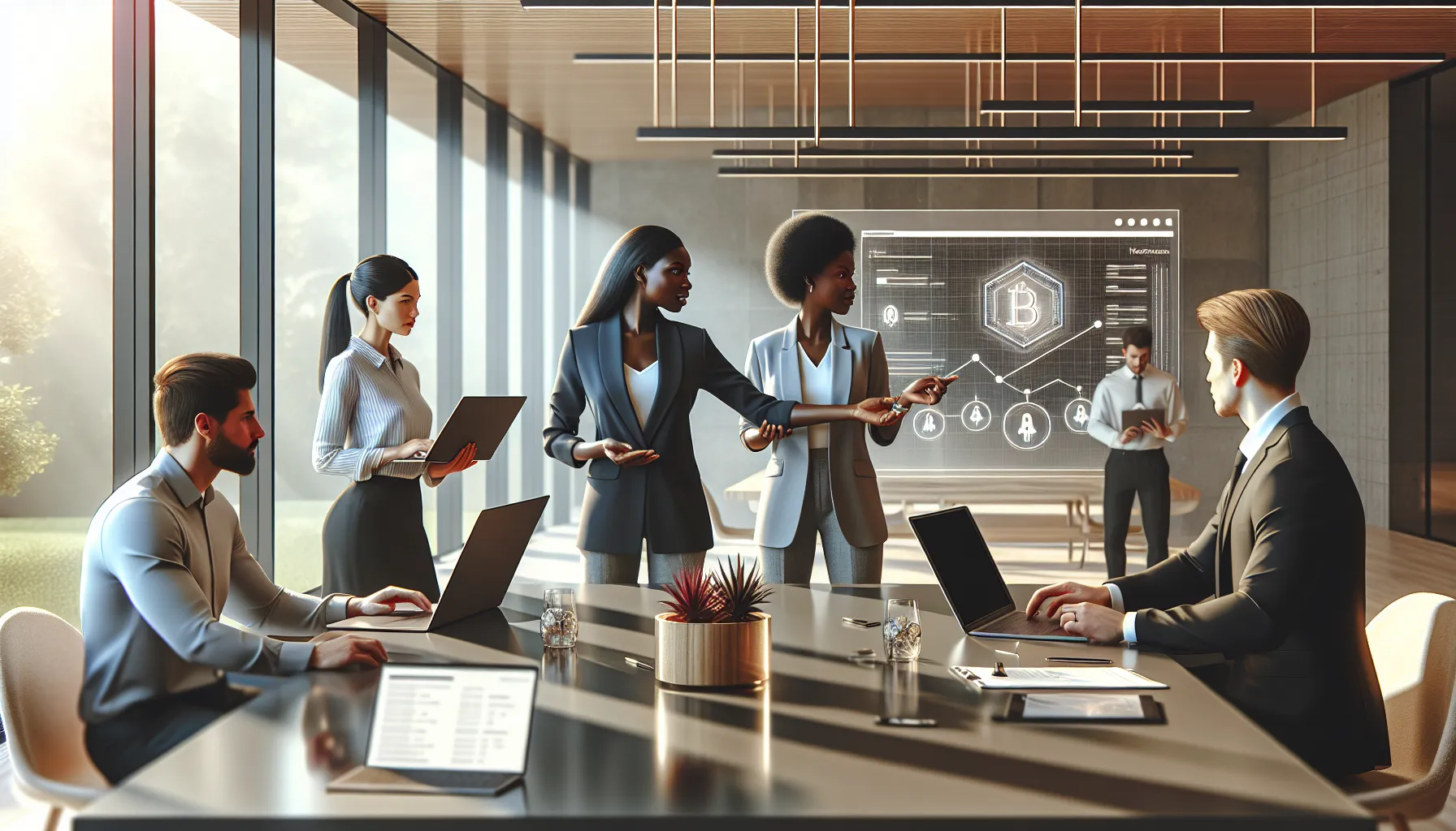diverse team collaborating around laptops in a modern office.