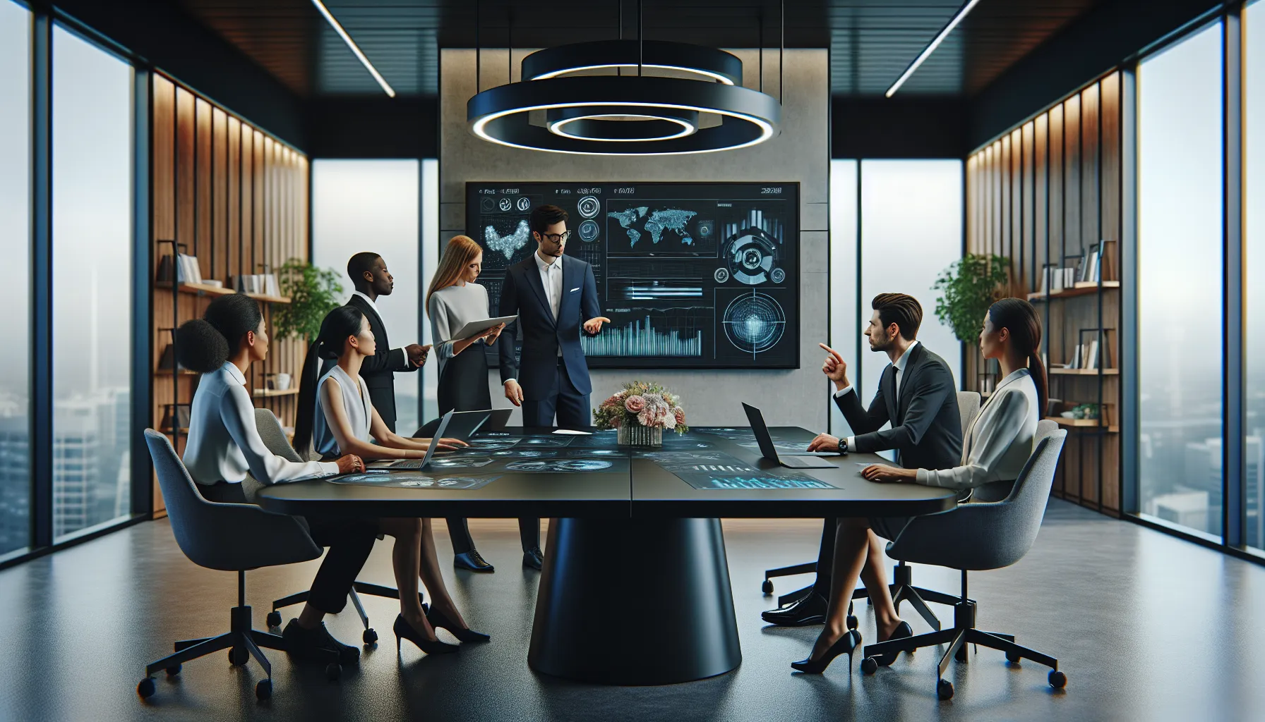 diverse team discussing data security in a modern office.