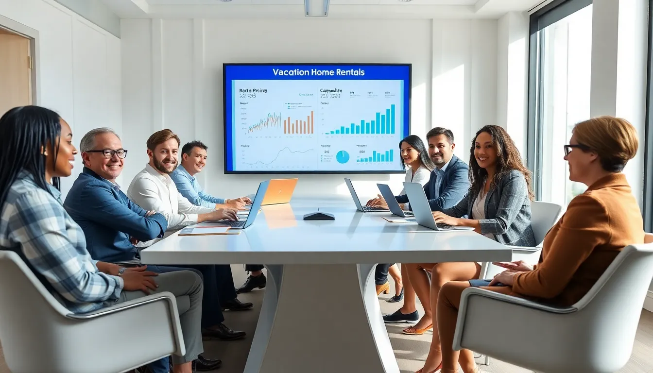 team discussing vacation home rental strategies in a modern office.