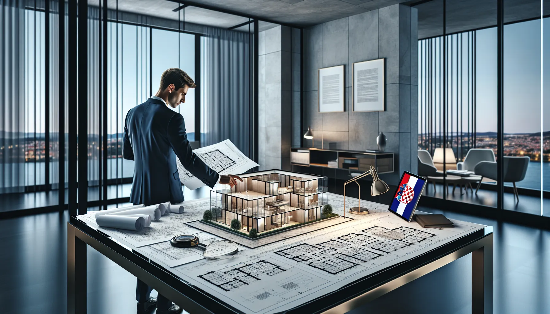 Croatian legal professional reviewing building plans and property law documents in modern office