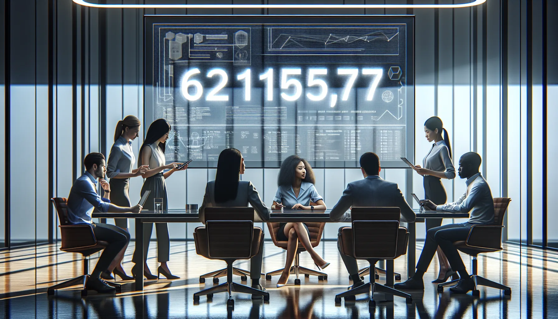 team discussing the significance of the number 621195377 in a modern office.