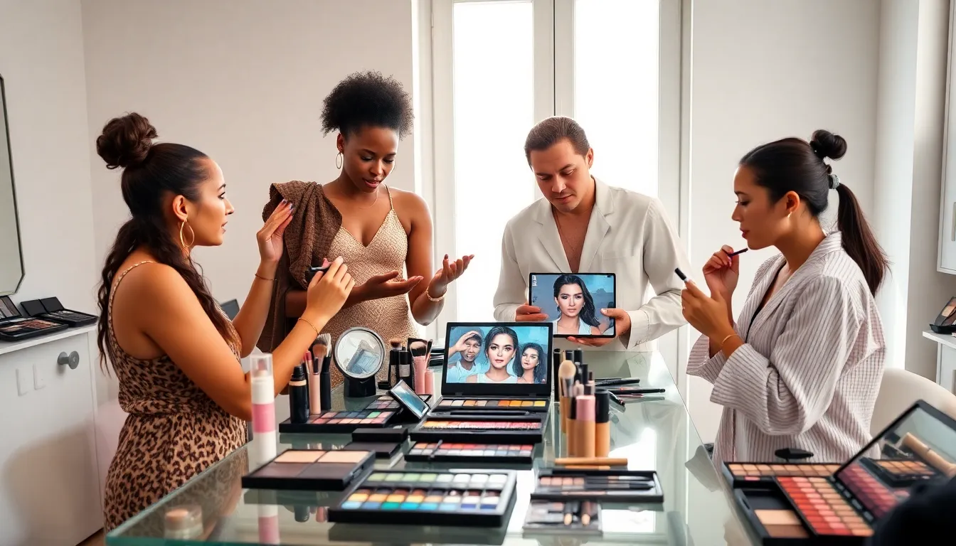 diverse makeup artists collaborating on latest trends in a modern studio.