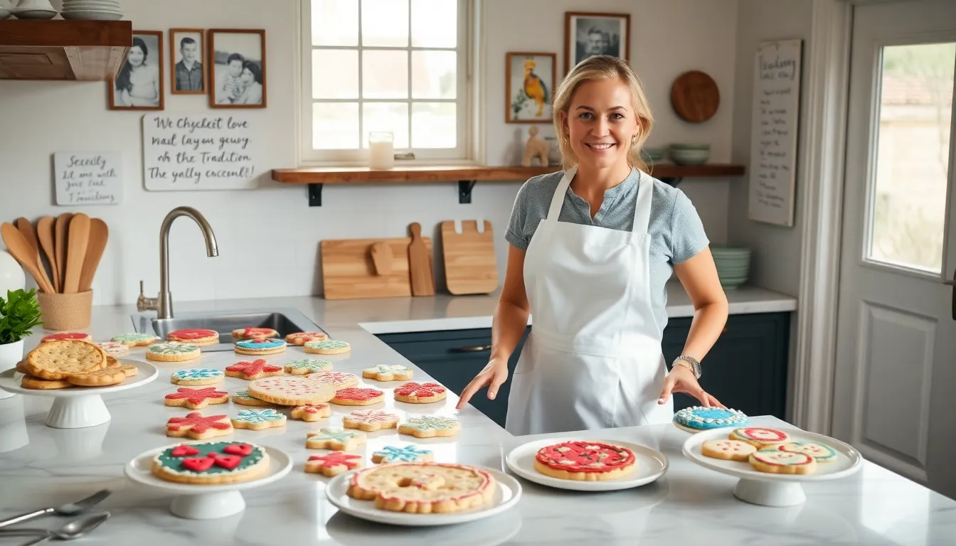 baker arranging cookies in a cozy kitchen setting.