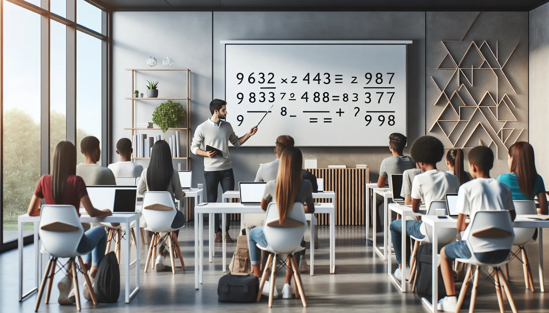 instructor demonstrating long multiplication to engaged students in a classroom.