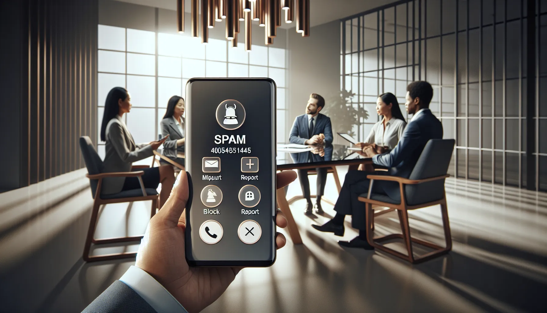 smartphone displaying spam call notification with diverse professionals discussing.