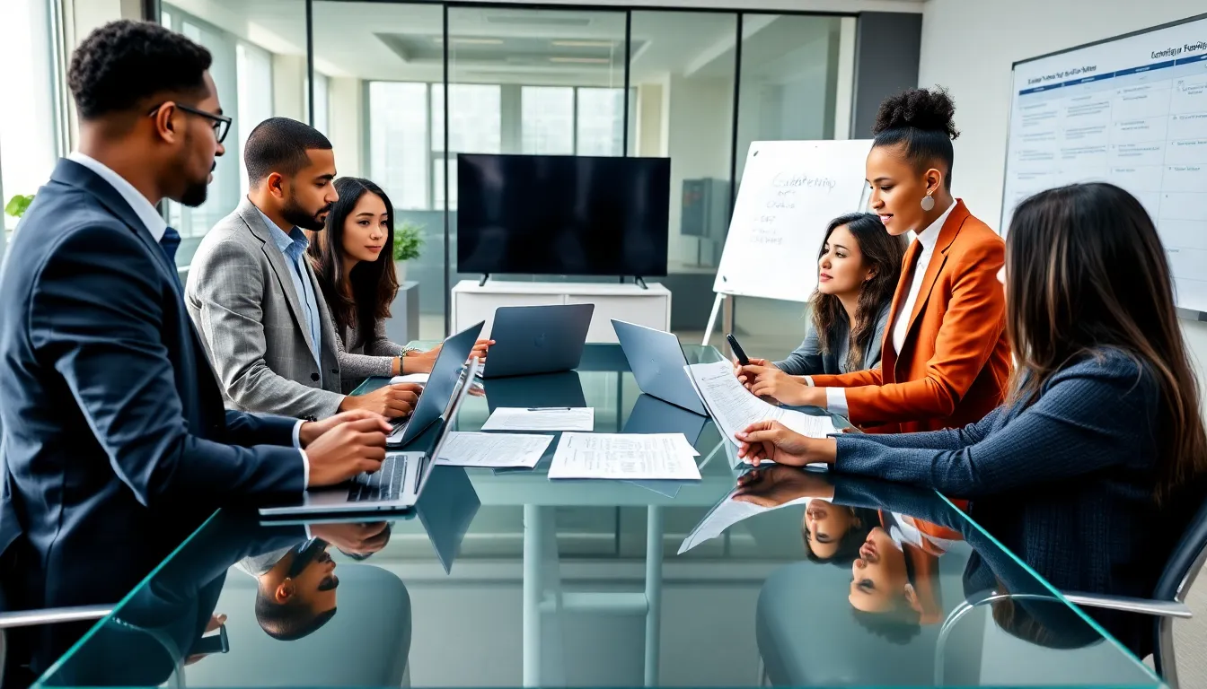 diverse team discussing cyber security policy development in a modern office.