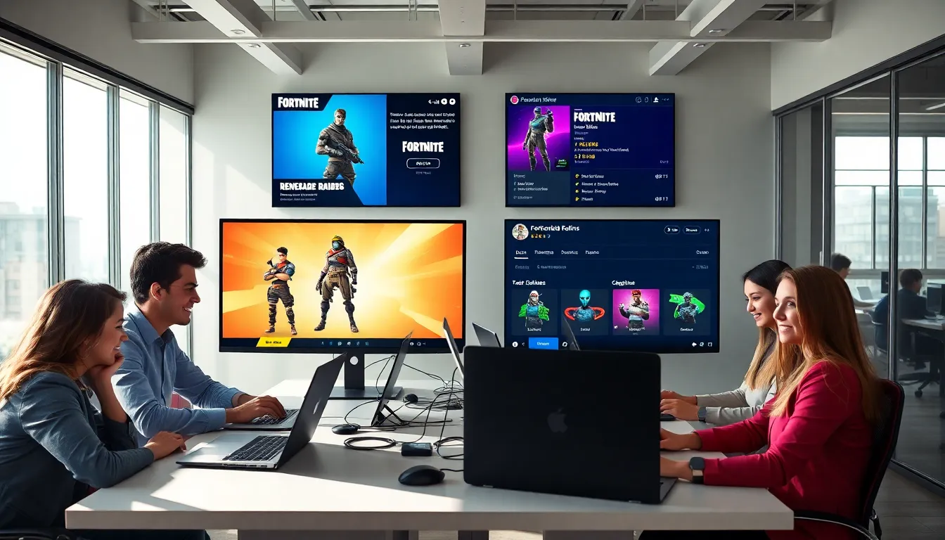 Professionals reviewing rare Fortnite accounts on laptops in a modern workspace.