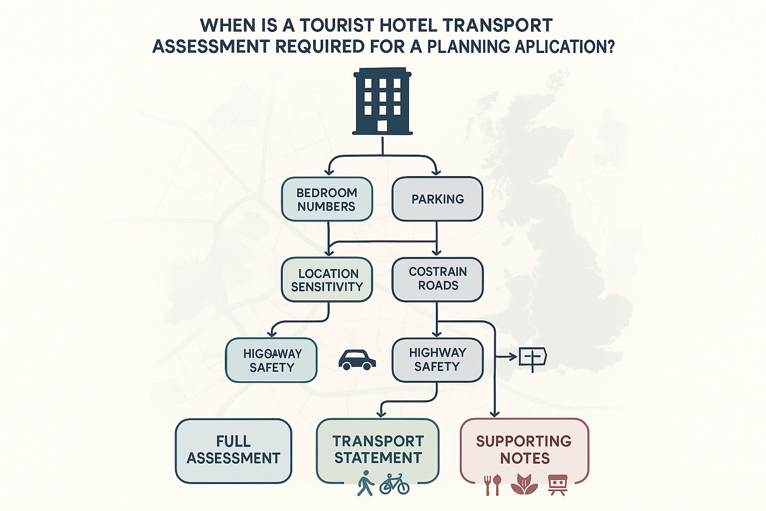 Decision flow showing when a hotel transport assessment is needed in the UK.