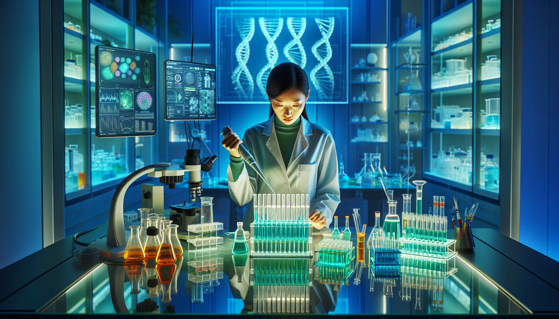 scientist examining glutamyltransferase in a modern lab.