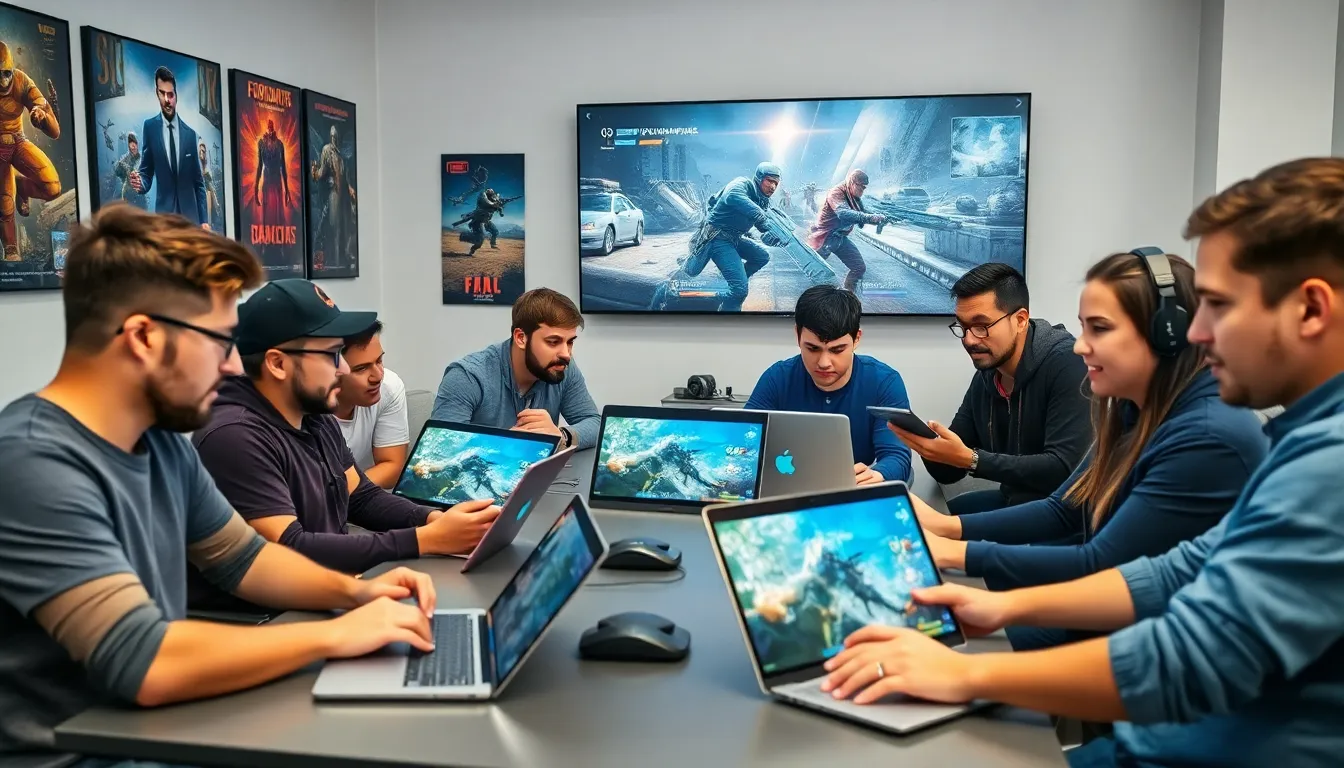 diverse group of gamers collaborating in a modern game room.