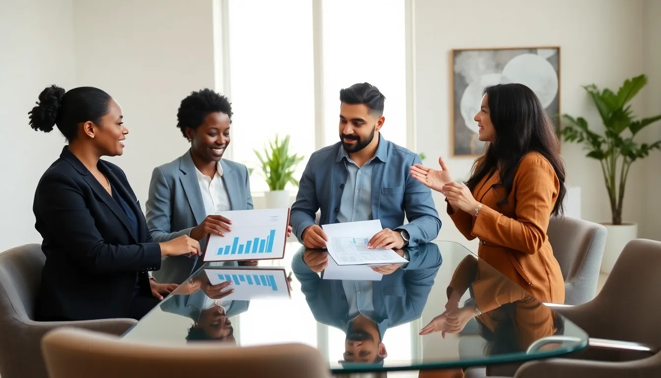 diverse professionals discussing renting versus buying a condo.
