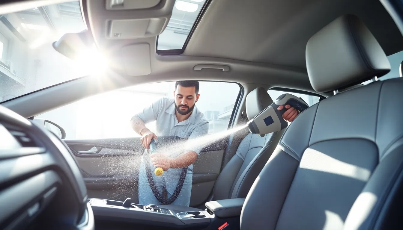 professional detailing service deep cleaning a car interior.