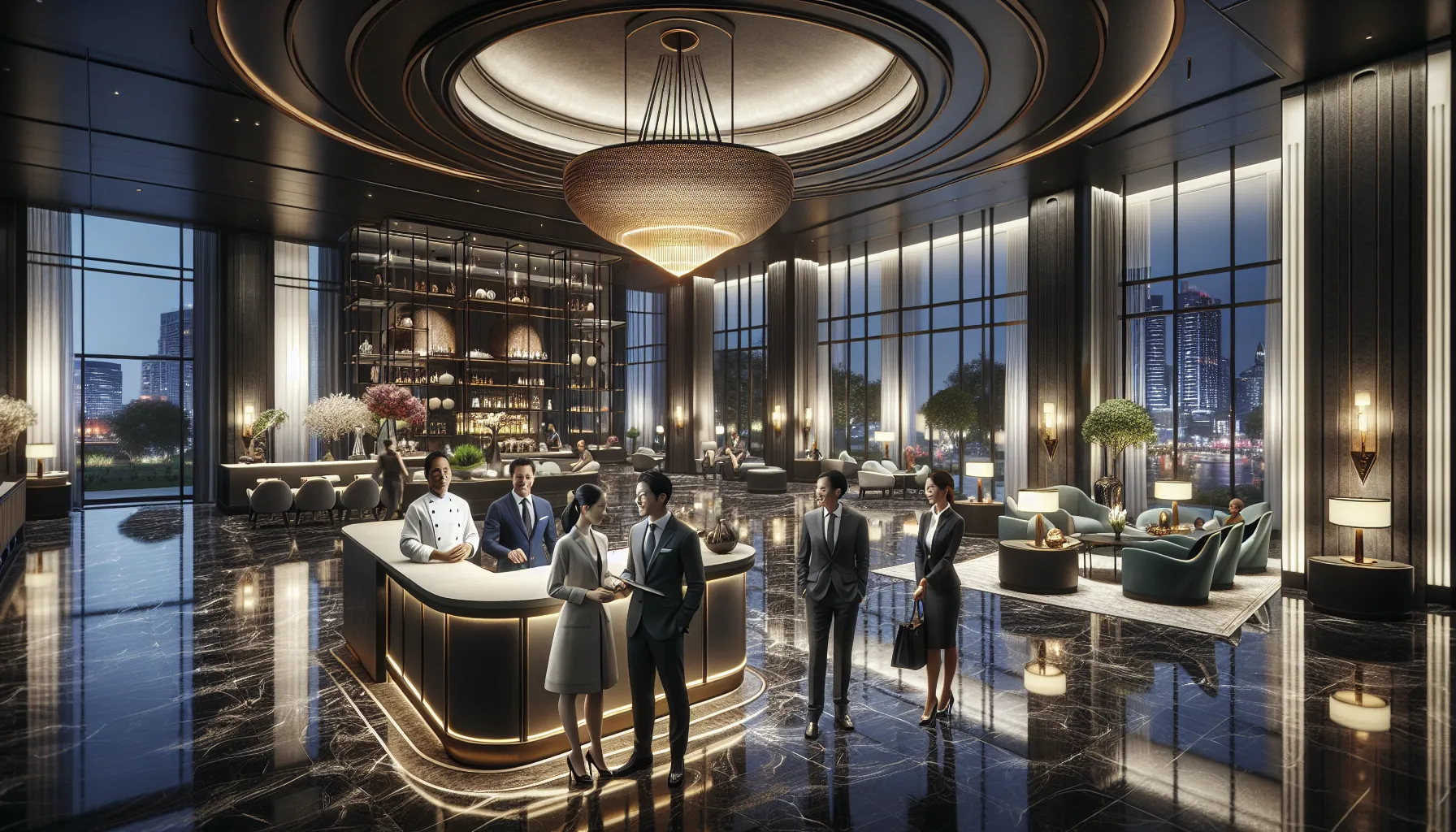 luxurious hotel lobby with diverse professionals and open dining area.