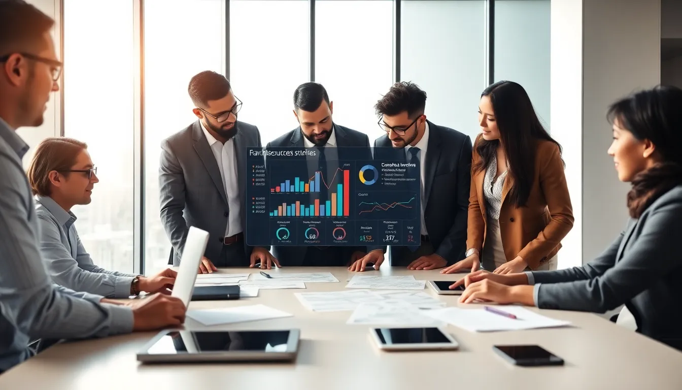 diverse team discussing franchise success in a modern office.