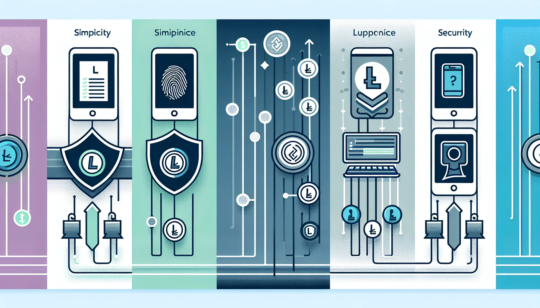 Infographic showing five key features of beginner-friendly Litecoin wallets with icons and sections.