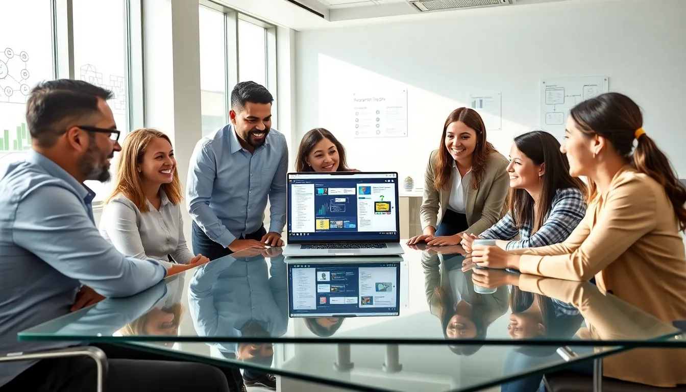 diverse team collaborating on a low-code platform in a modern office.