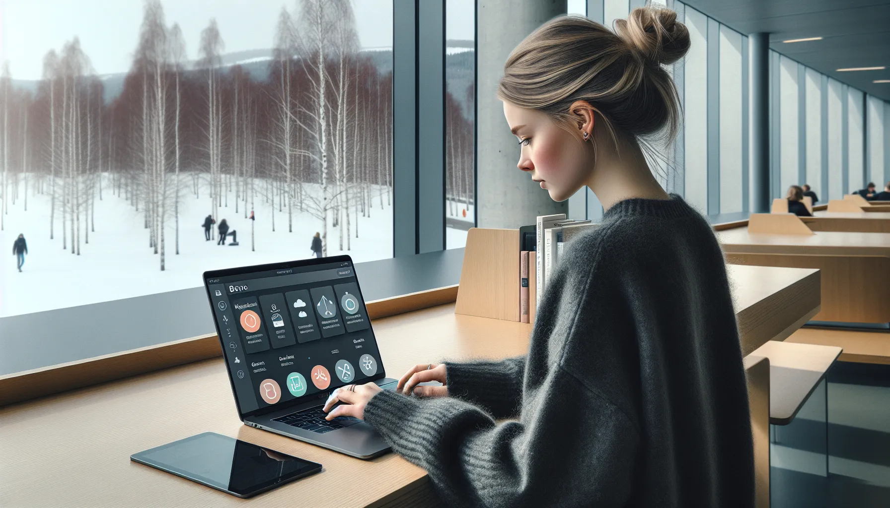 Norwegian student uses synced study apps on laptop, tablet, and phone in library.