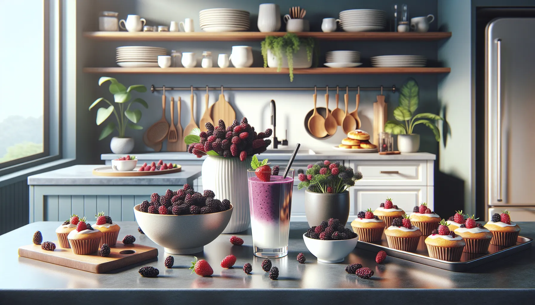 colorful breakfast spread incorporating fresh mulberries in a modern kitchen.