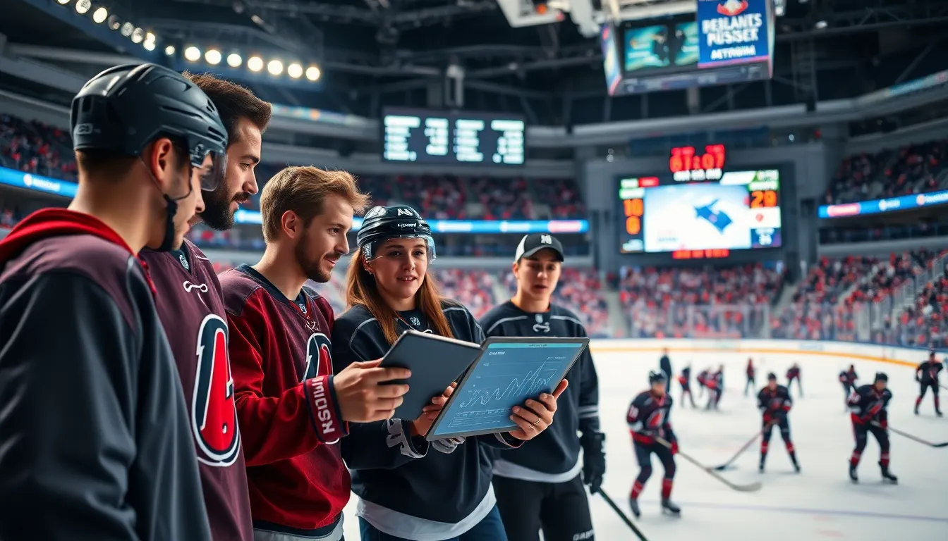 diverse youth hockey players discussing strategies in a modern arena.
