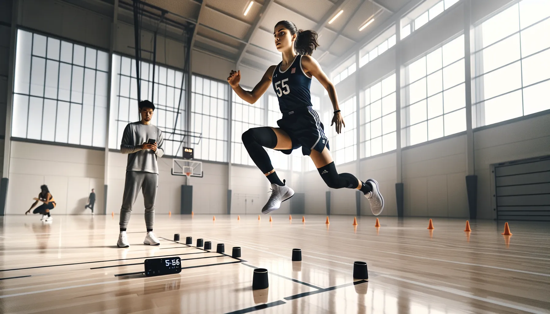 Female basketball player mid-jump on timing mat in norwegian gym.