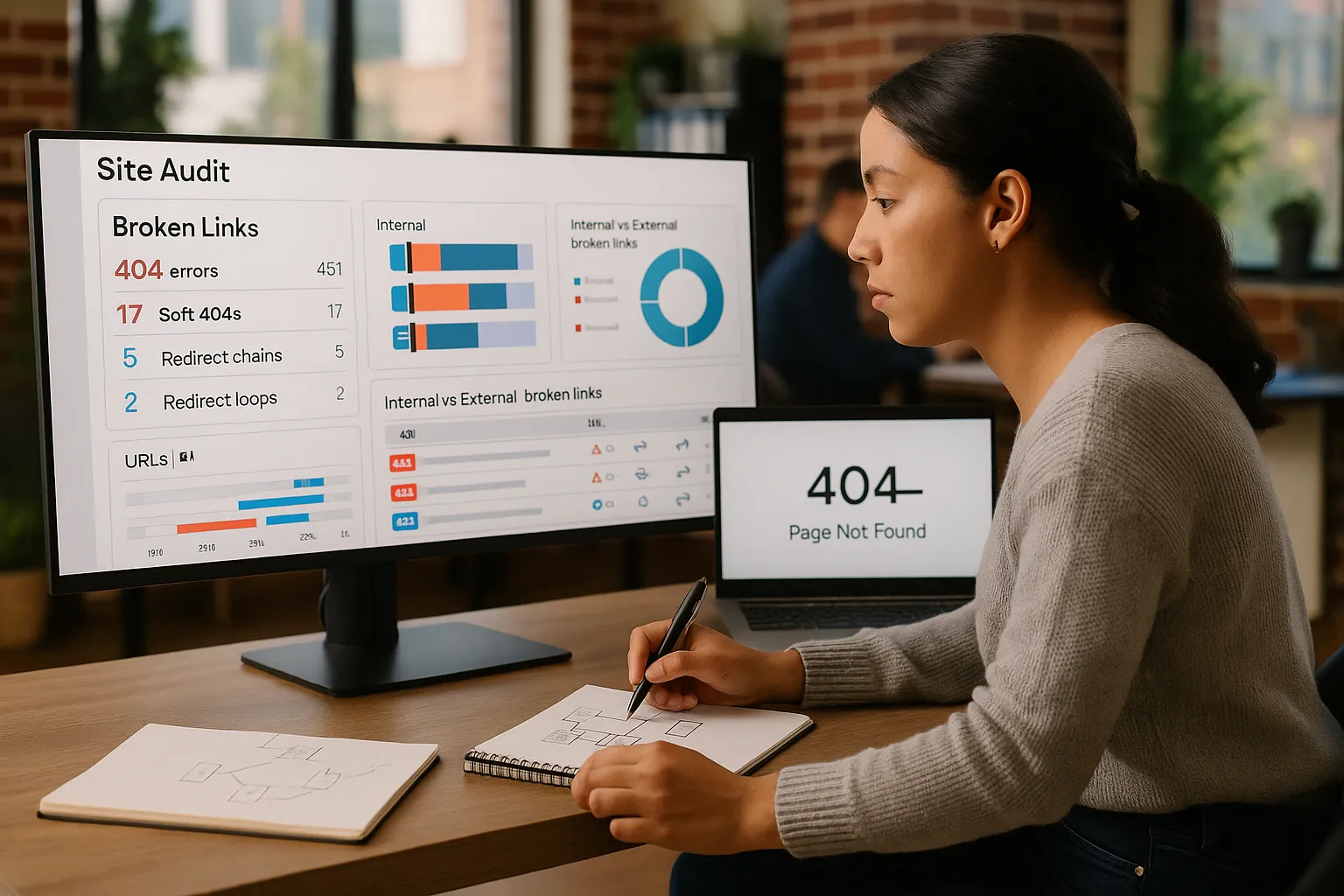 Marketer reviewing Semrush broken link audit with 404 errors and redirect chains.
