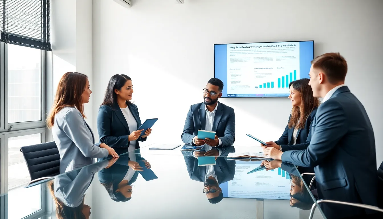 diverse team discussing social business trends in a modern office.