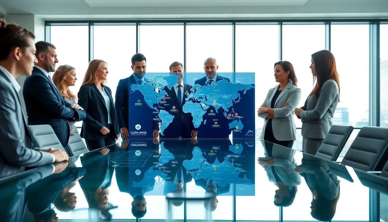 diverse professionals discussing customs office locations in a modern office.